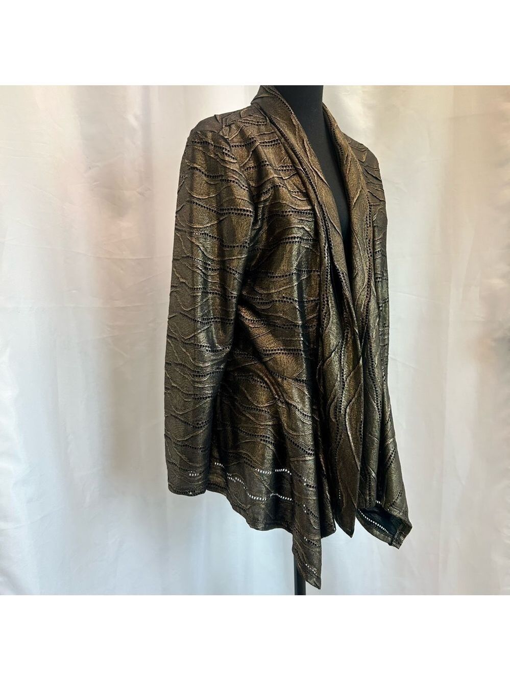 FRANK Lyman gold bronze metallic asymmetrical open front jacket Sz 12 NWOT - Picture 4 of 10